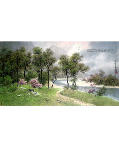 ציור שמן נחל עובר ביער ירוק